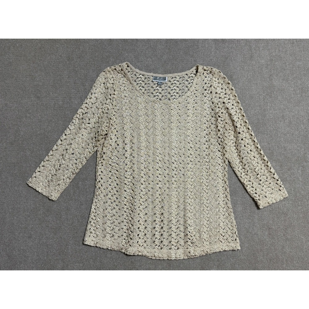 JM Collection Sweater Womens Petite Large Metallic Crochet Pullover 3/4 Sleeve